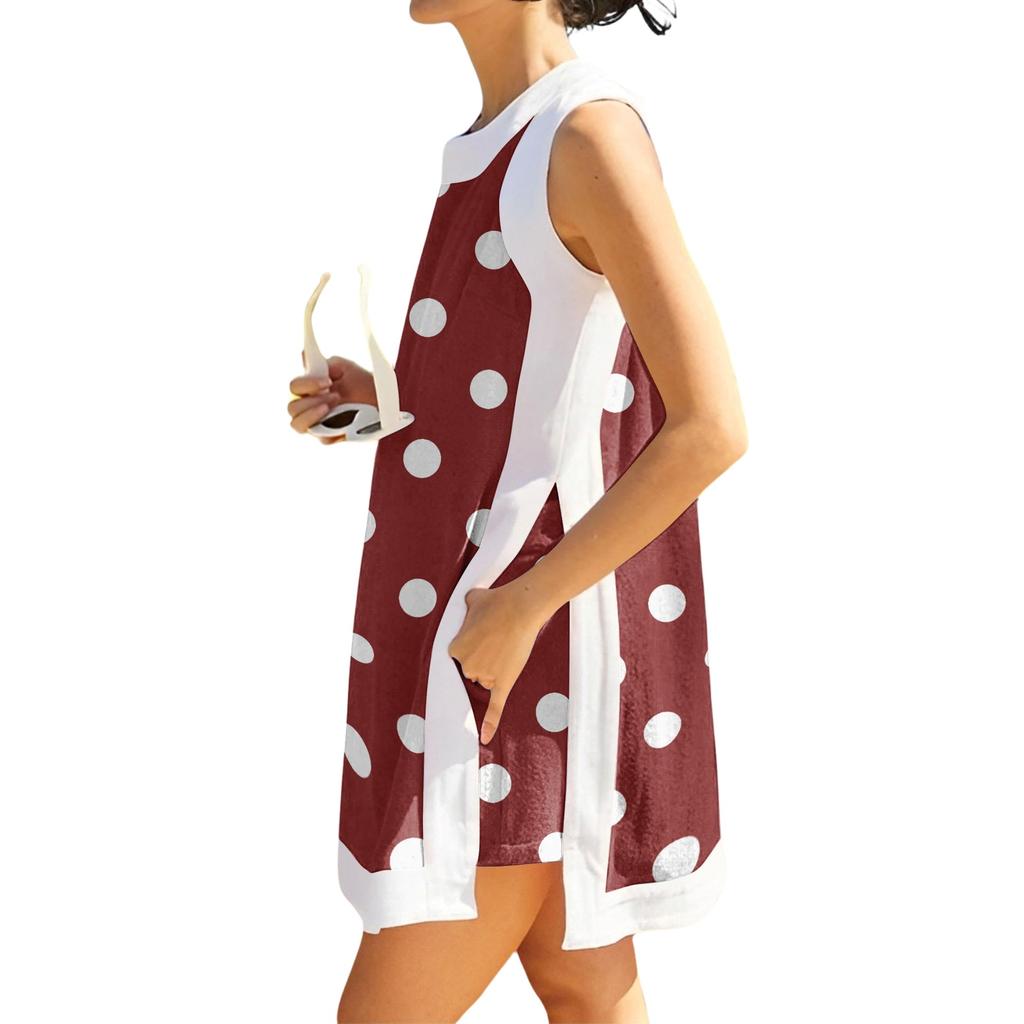 Women Sleeveless Long Tunic Top with Polka Dot Print Side Slits Casual Loose Fit Summer Vacation Beachwear