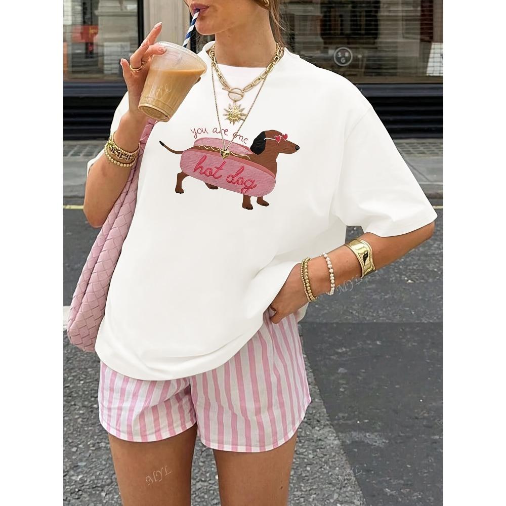 

Cartoon funny dachshund print women s T-shirt Casual round neck all-match white T-shirt suitable for women in summer S