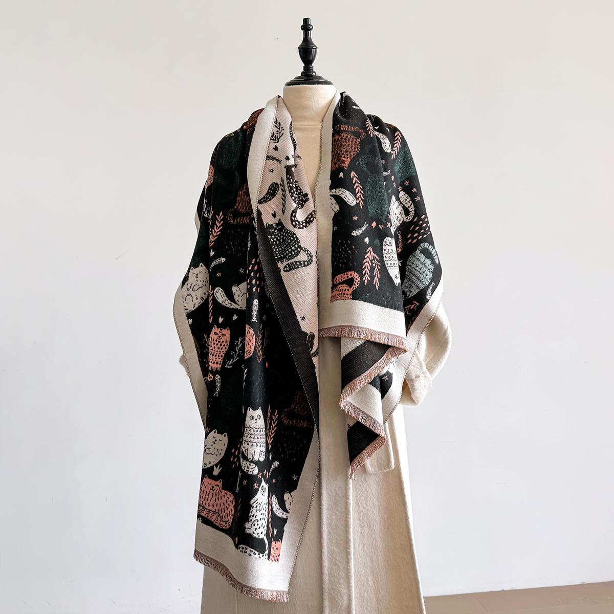 

New Luxury Cat Print Cashmere Scarf Women s Winter Double-Sided Thick Warm Female Shawl Scarf Pashmina Scarves Hijab Stoles