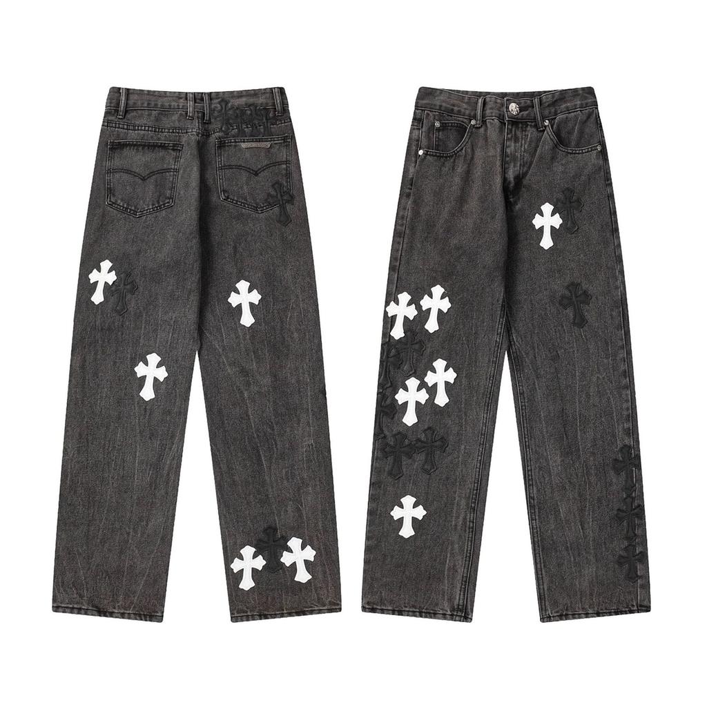 Unisex Cro Cross Leather Tag Washed Denim Jeans - Couples Street Style Loose Fit Long Pants