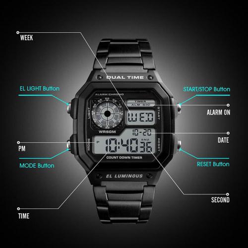 USWATCH Fashion Sports Stainless Steel LED Digital Alarm Chronograph Waterproof Multifunction Men's Quartz Watch, Silver, Chronograph, Digital, Quartz