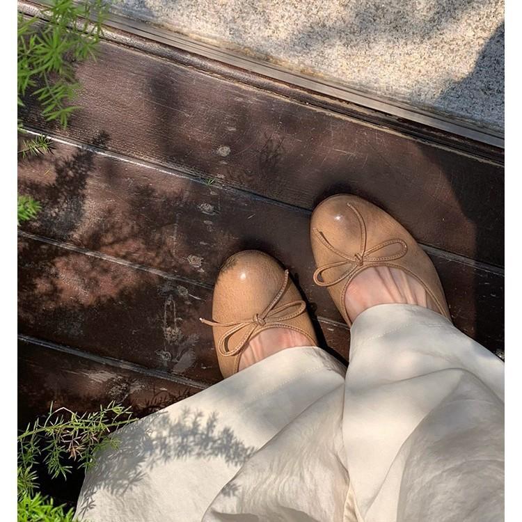 Grape Mother, the Same Oil Wax Feeling Washed Horse Skin, Small Round Head Bow, Shallow Mouth Single Shoes, Women's Versatile Ballet Flats