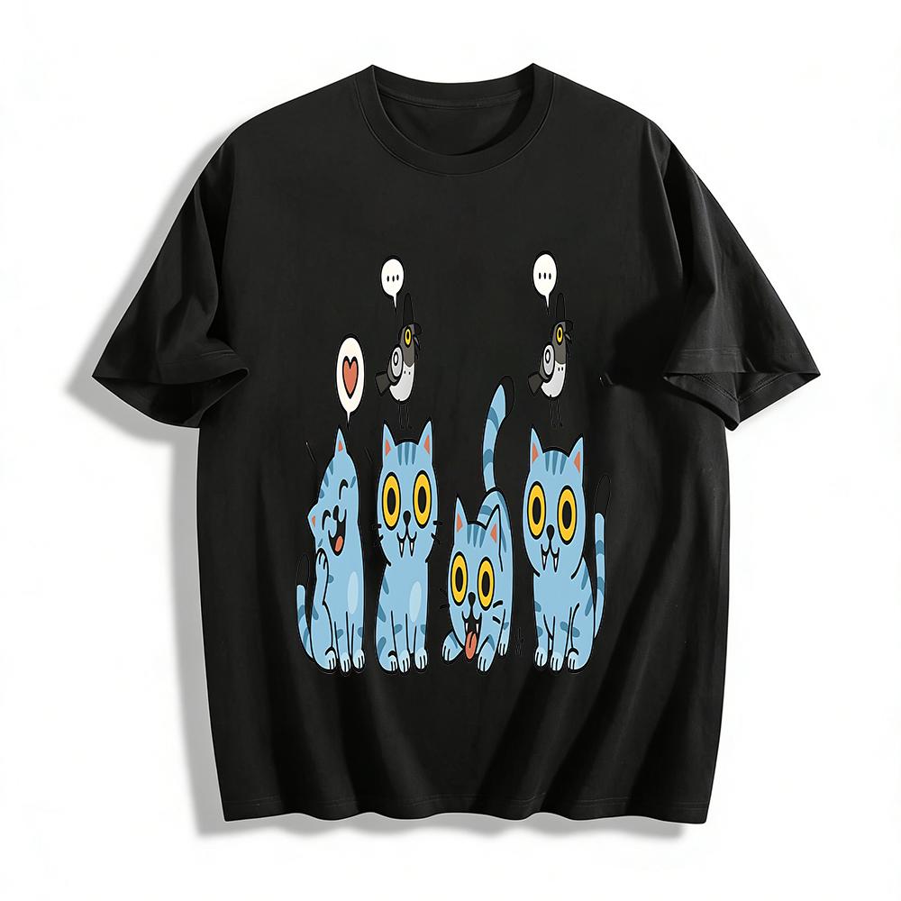 

Cute Blue Cat & Bird Print Casual T-Shirt Unisex Loose Comfy Daily Top With Adorable Animal Design Pure cotton T-shirt XXS