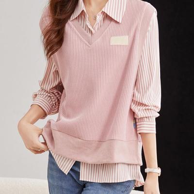 Camisa Listrada Nova de Primavera e Outono Camisa Solta de Duas Peças de Manga Comprida Camisa Fashionável Base Top