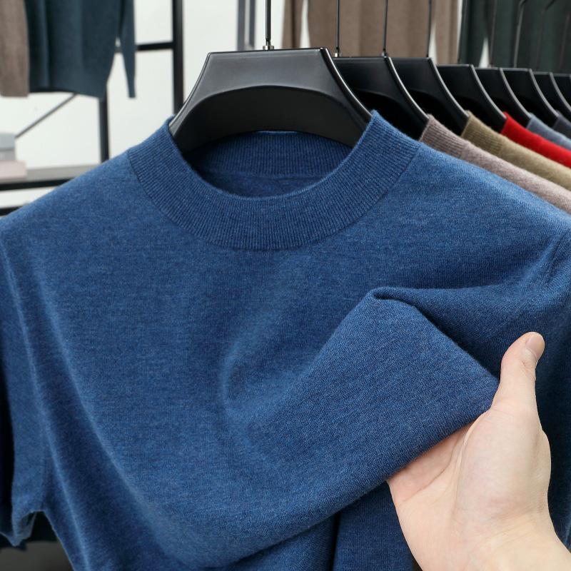 Men's 100% Wool Round Neck Sweater - Solid Color, Long Sleeve, High-End Casual Base Layer for Autumn/Winter