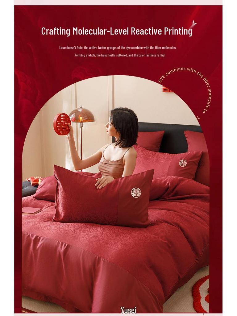 Rotes chinesisches Hochzeitsbettwäsche-Set: Braut-Bettbezug, Spannbettlaken und Happy Quilt für die Aussteuer