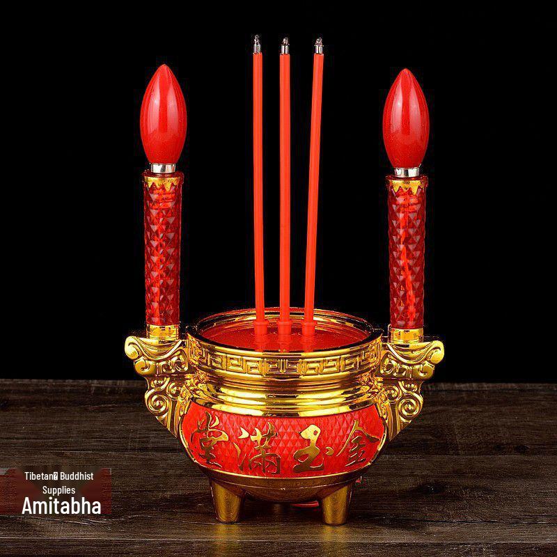 Buddha Offering Electric Candelabra: Complete Set with Incense Burner and Everlasting Lamp for Home Use