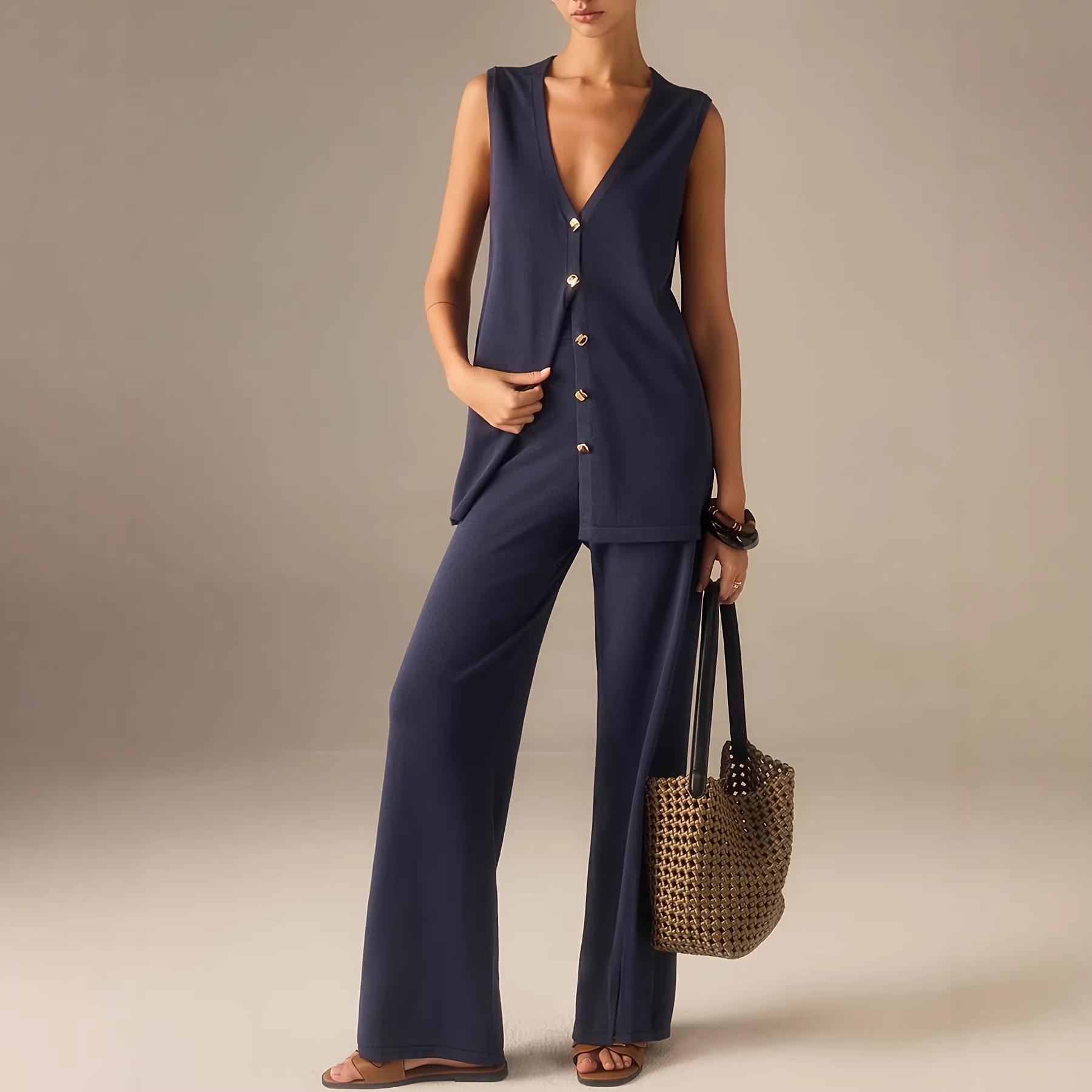 

Elegant European & American Knit Two-Piece: V-Neck Vest + Wide-Leg Pants Small темно-синий