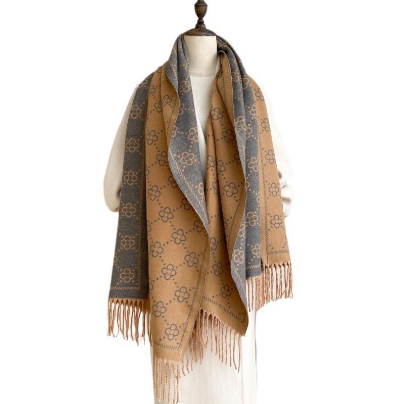 Brown Imitation Cashmere Long Fringed Thermal Scarf Women's Core-spun Yarn Air Conditioner Shawl Scarf Premium Versatile Scarf