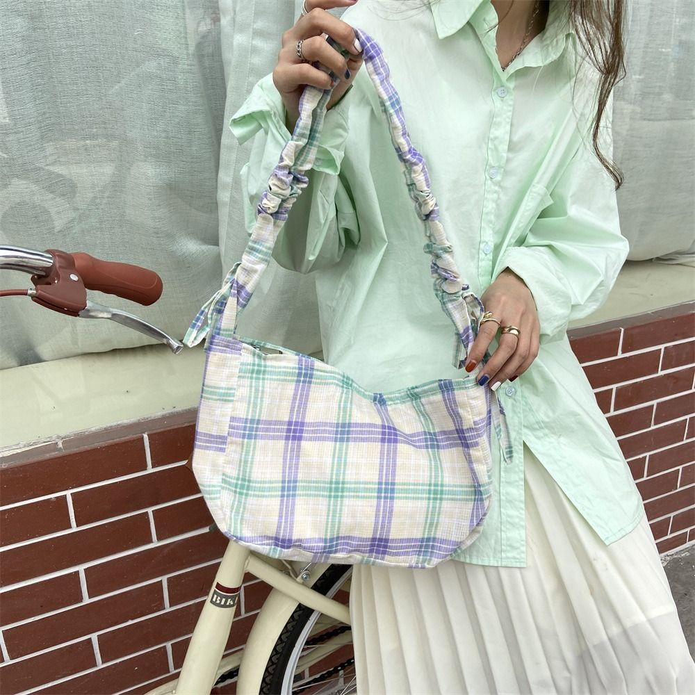 

Sweet Lattice Tote Bag Bow Women Chic Underarm Bag Drawstring Pleated Dumpling Bag Outdoor Style1