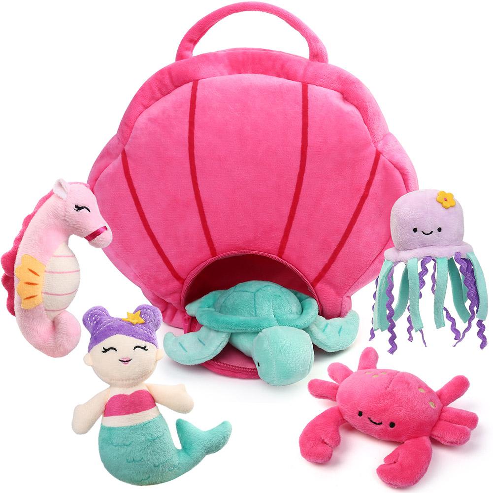 Ocean Stuffed Animal, 5PCS Sea Creature Plush Toys Shell Carrying Bag, Plushies For Baby Kids Girls Christmas Birthday Gifts