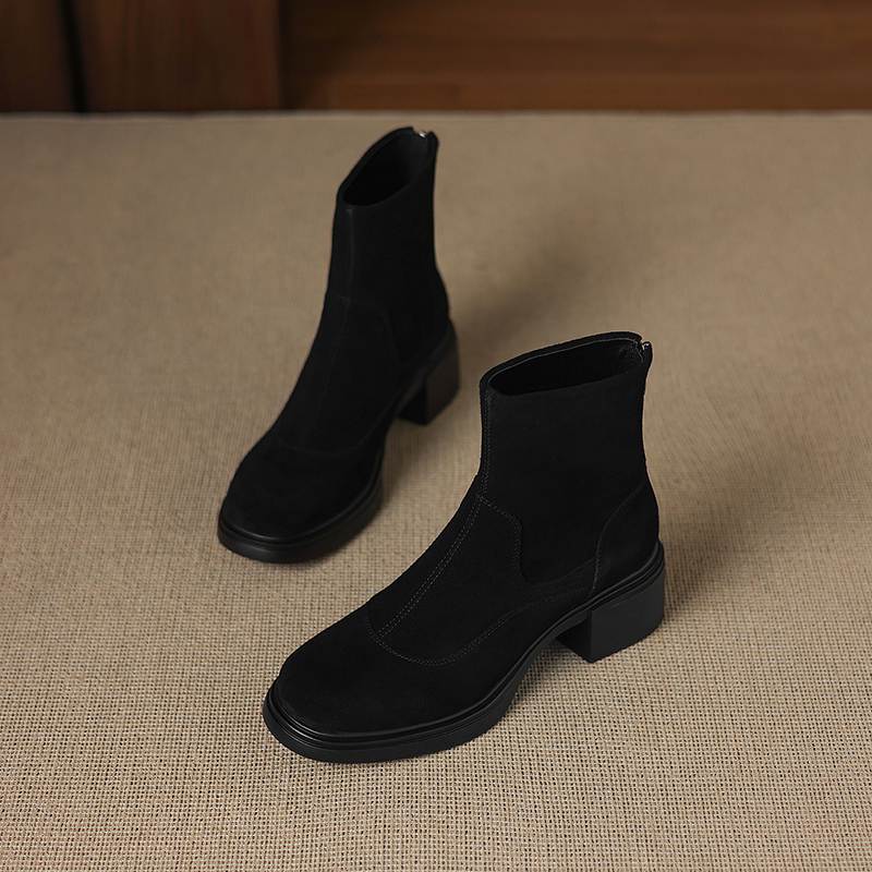 Krazing Pot Cow Suede Nubuck Round Toe Thick Heels Chelsea Boots Size 42 Concise Style Women Keep Warm Ankle Boots
