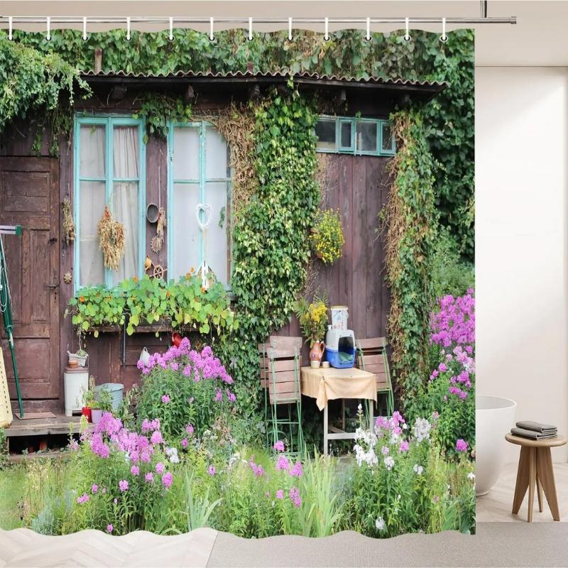 

Spring Outdoor Landscape Shower Curtains Flower Plants Greenery Vintage Barn Wooden House Vine Leaves Colorful Floral Polyester 90x180CM