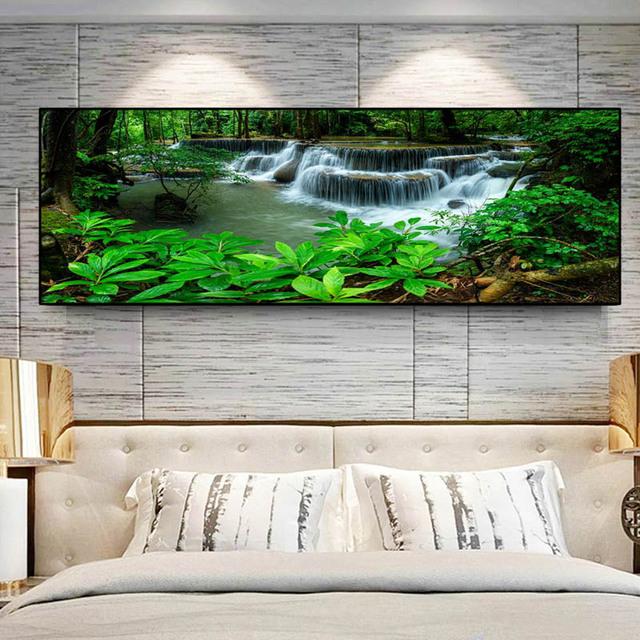 Krajina Přírodní Vodopád Obraz na plátně Zelený strom Jezerní list Plakáty a obrazy Nástěnný obraz Obývací pokoj Home Decor Bez rámu