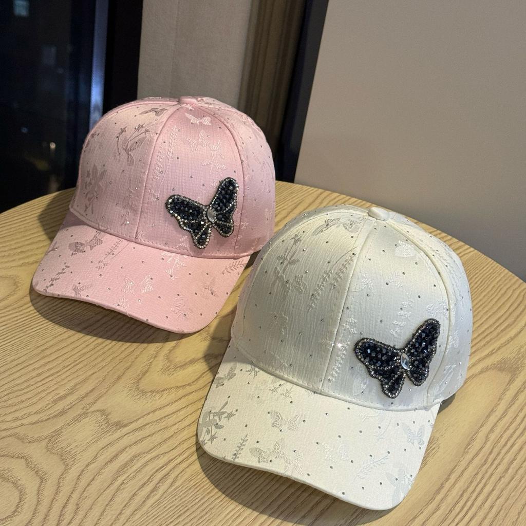 New rhinestone butterfly baseball cap for women, stylish and versatile for spring and summer, sun protection hat with lace pattern