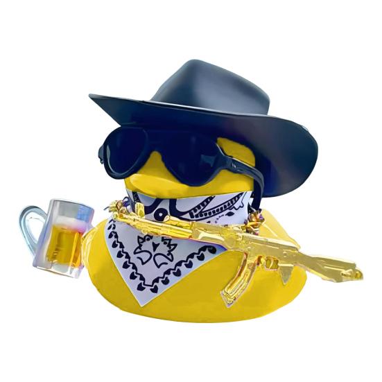 Cowboy Duck Figurine Car Dashboard Duck Ornament with Cowboy Hat Necklace Sunglasses Desktop Duck Decoration for Car Interior Home Bookcase End Table