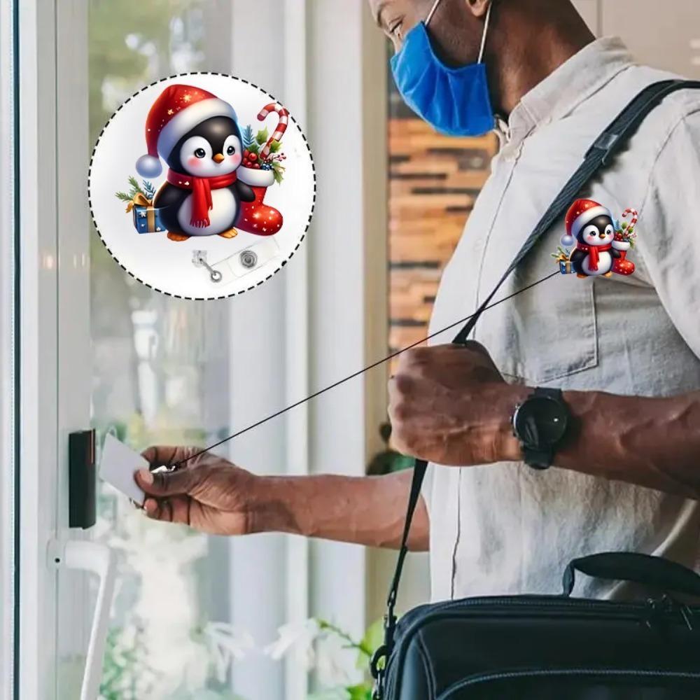 8-Piece Christmas Penguin Badge Reel Set - Retractable Flashing Santa Name Tag Clips for Nurses, Doctors, and Teachers.