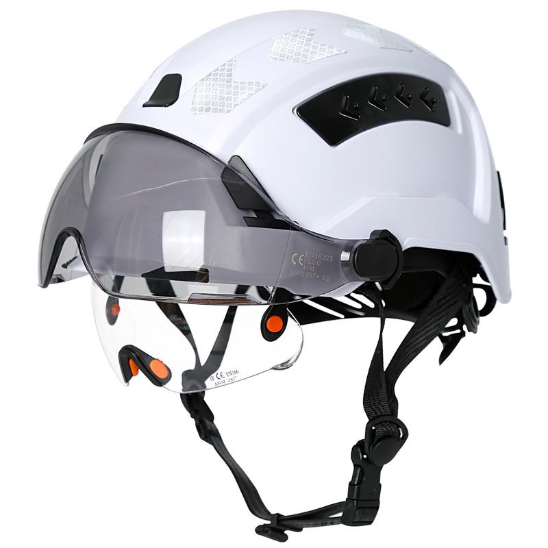 Casco di Sicurezza CE per l'Edilizia con Doppi Occhiali Integrati Visiera Adesivi Riflettenti Elmetto ANSI Cappello da Lavoro Industriale per Ingegnere