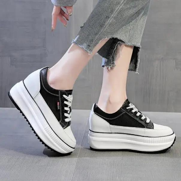 8CM Genuine Leather Women Casual Shoes 7cm Platform Wedge Female Women Sneakers Chunky Spring Autumn Shoes Summer