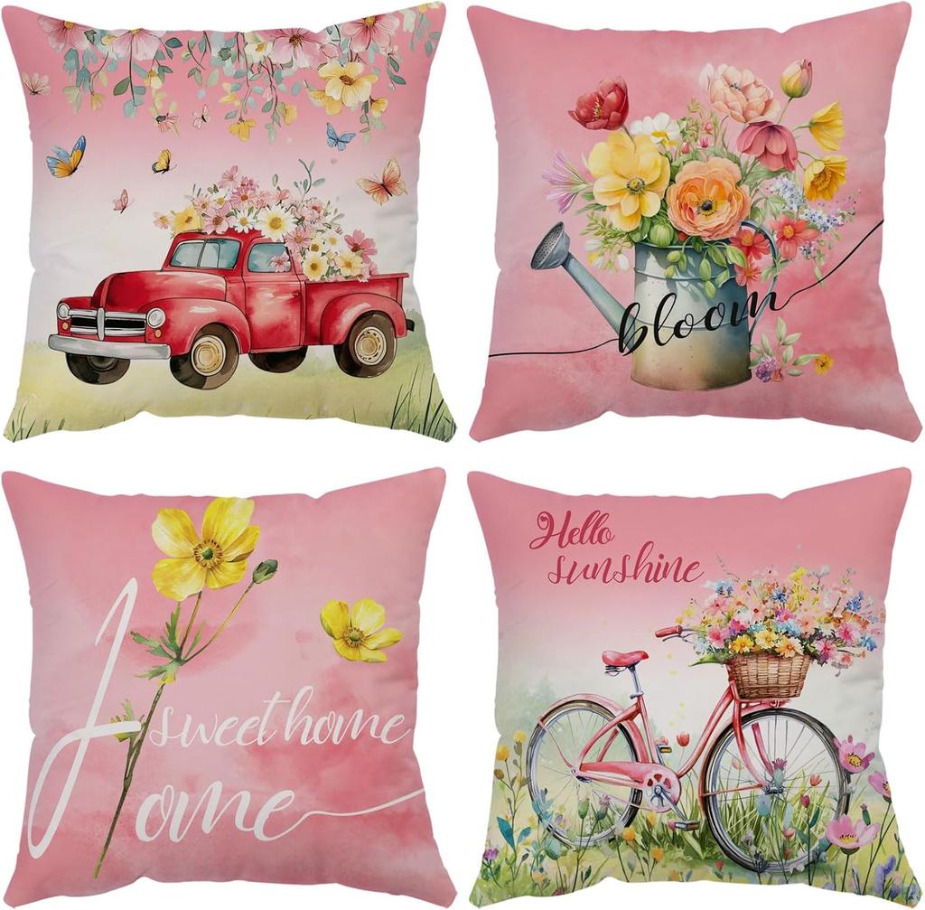 Spring Summer Pillow Covers Set Of 4 Floral Throw Pillow Covers Hello Sunshine Flower Cushion Covers Square Soft Pillow Cases