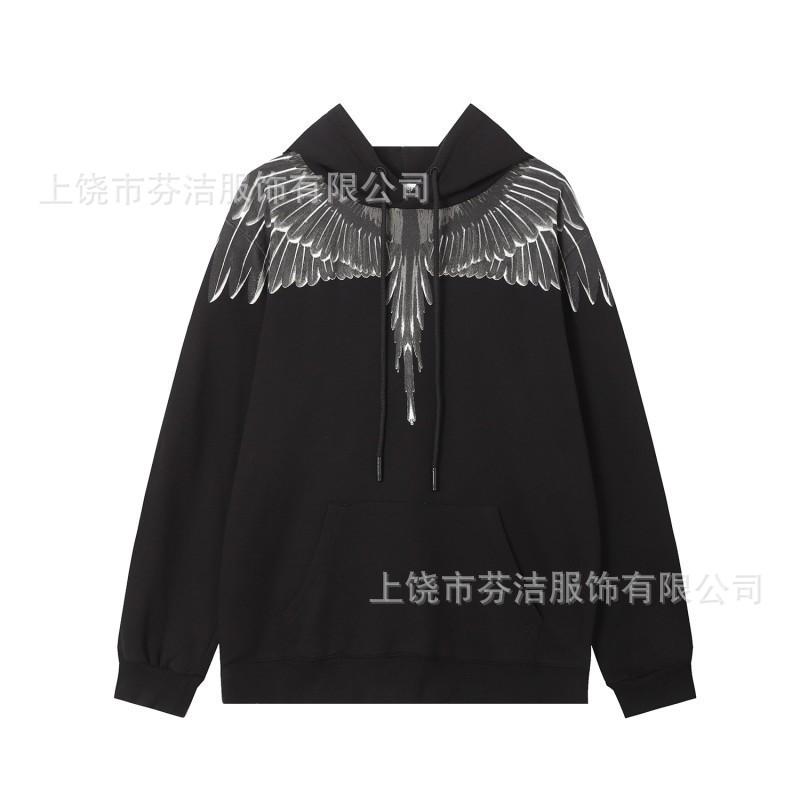 American street lightning wing print jacket men's and women's autumn and winter black loose shoulder heavy trendy hooded top