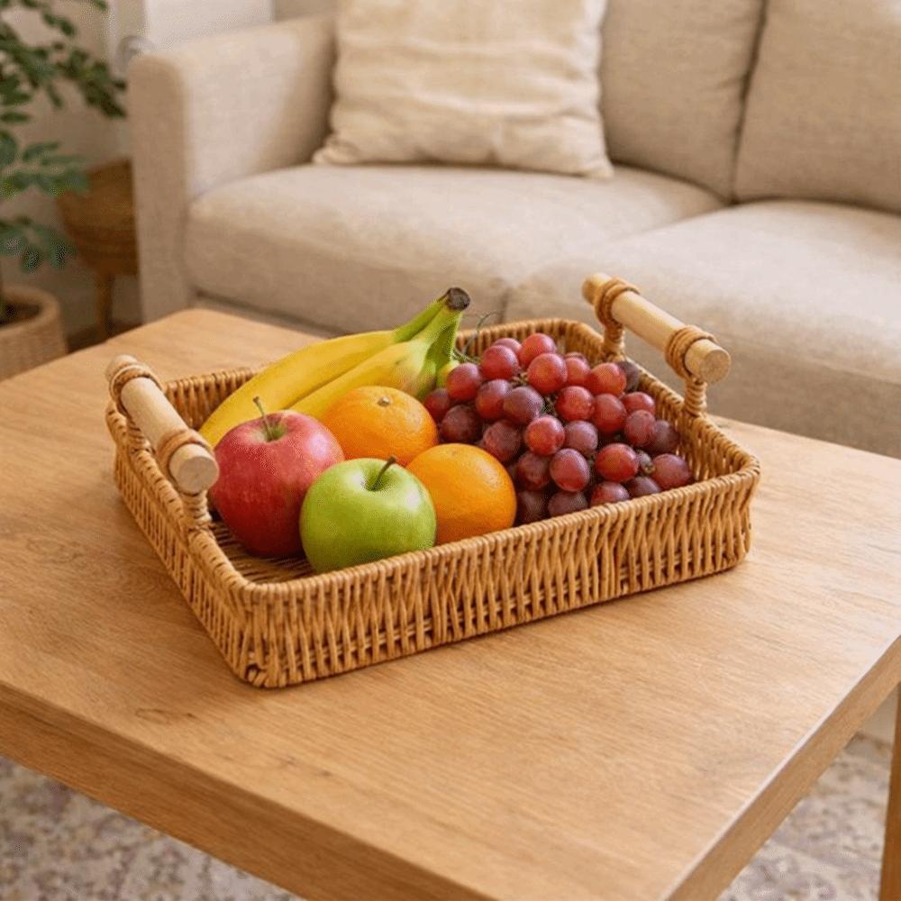 Plastic Handwoven Rattan Basket Handmade Food Serving Tray Dry Fruit Storage Tray Kitchen