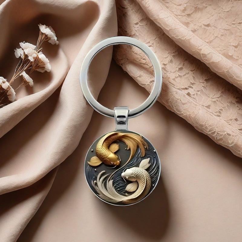 Fashion New 2D Yin Yang Koi Round Glass Lucky Pendant, Fashion Bag And Car Key Decoration, Holiday Gift