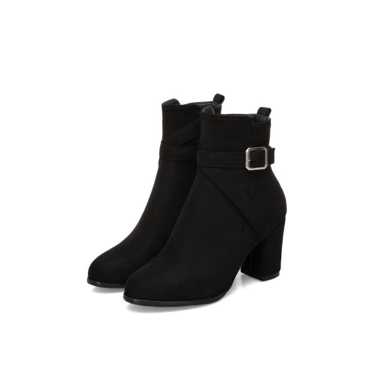 Strap Buckle Cross Strap Short Leather Boots Knight Boots Boots, Thick Heel Medium Heel Boots Plus Size X