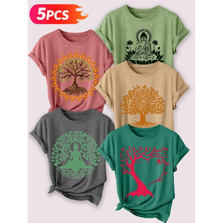 Zen-inspirierter Baum des Lebens Lotus Meditation Künstlerischer Druck Fünfteiliges Set von kurzärmeligen Damenoberteilen Elegante Sommerparty-Outfits Wesentliche Mode