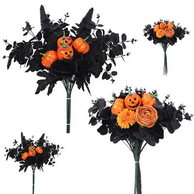 Neuer Halloween Kürbisstrauß mit schwarzen Ahornblättern Kunstblumen Herbstliche Blumengestecke Halloween Tischdekoration De