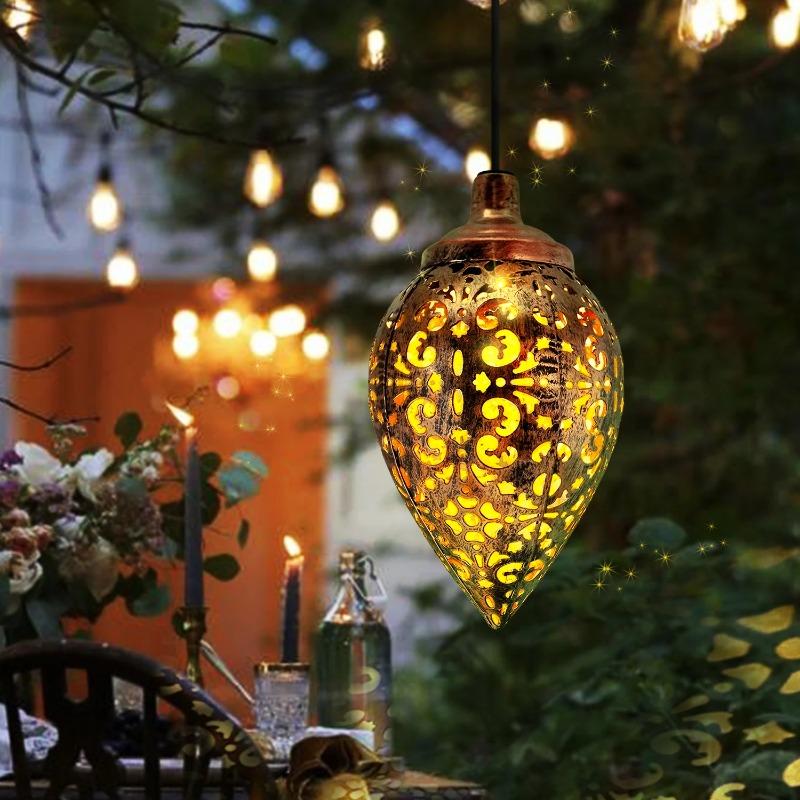 3PCS Solar Metal Olive Ball Water Drop Pendant Light Waterproof LED Outdoor Garden Landscape Lamp for Patio Yard Pathway Party Decor