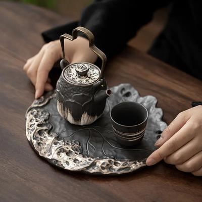 Rough Pottery Lotus Leaf Tray Ceramic Tea Tray Vintage Beam Teapot Kung Fu Tea Set Home Office Pot Bearer