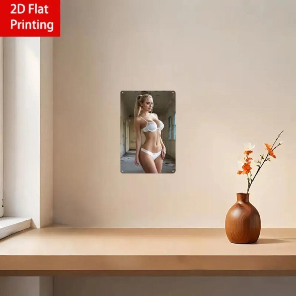 Art Mural Métallique Vintage Dame Élégante en Bikini 20x30 cm Plaque Plate en Fer 2D Décor Rétro pour Maison Cuisine Bar Jardin Café