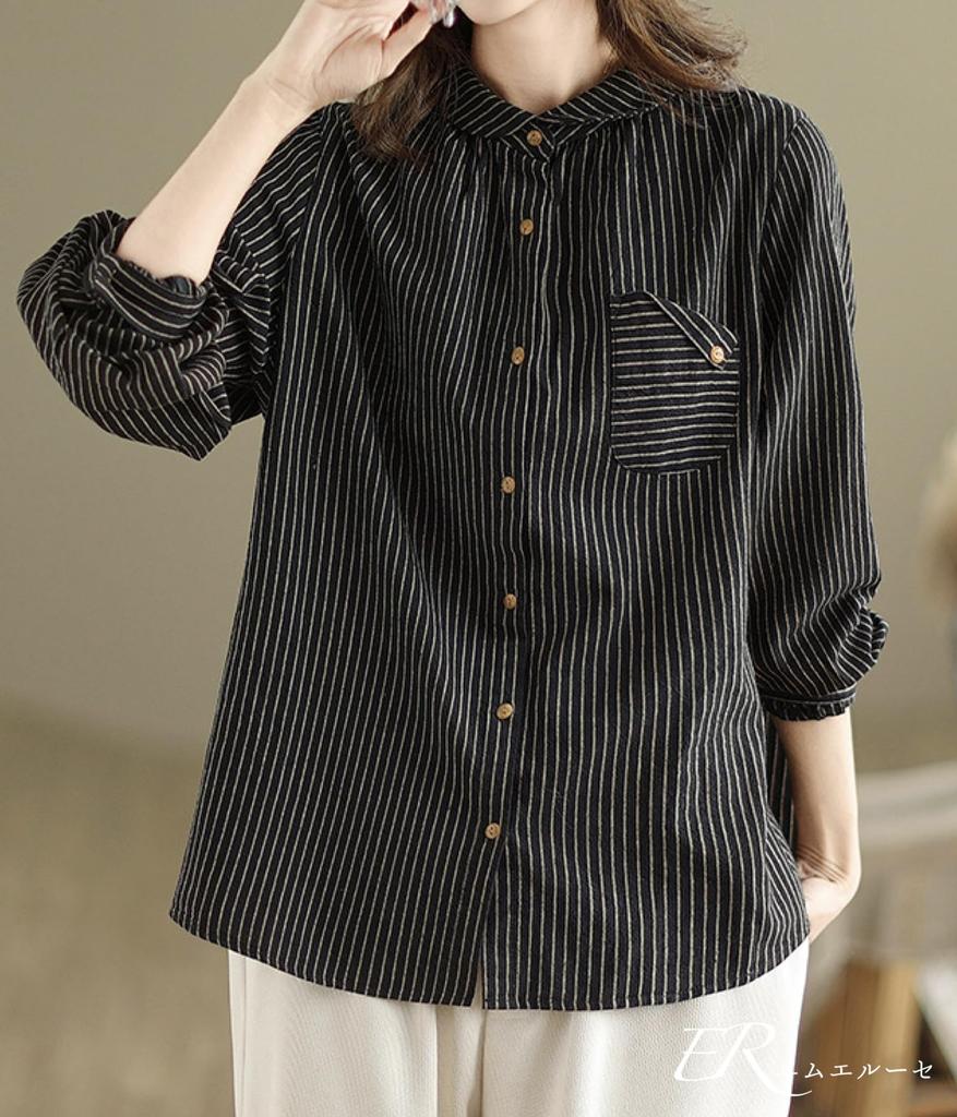 MRLuse Striped Loose with and Plus Easy To Move Linen Blouse, Cotton-Linen Look, Lightweight, Fit, Casual, Cufflinks, Spring, Summer, Fall, Women's,