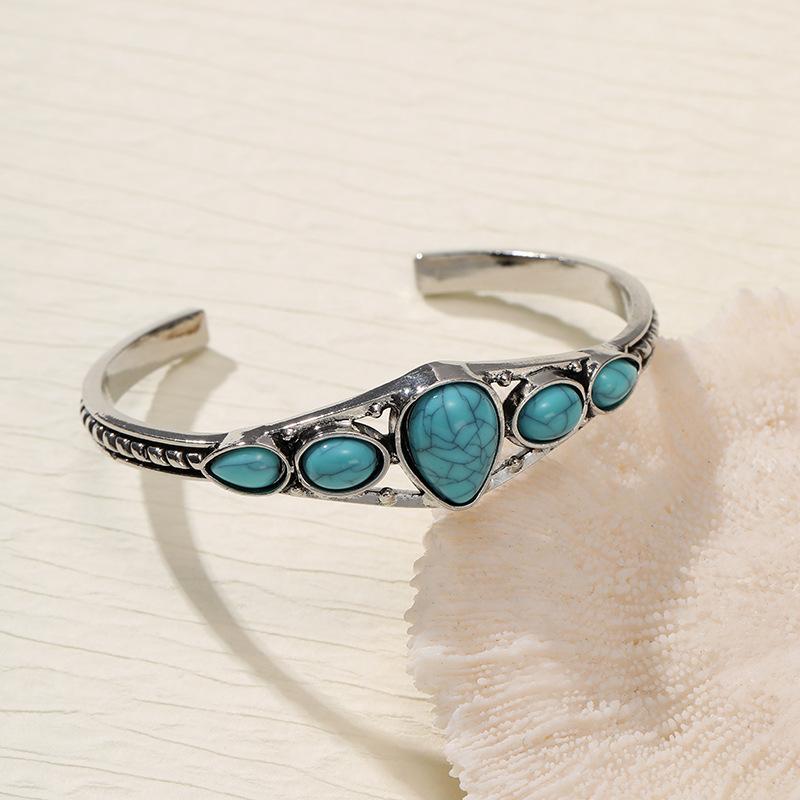 Bohemian Vintage Turquoise Open Adjustable Bracelet, Carved Hollow Geometric Bracelet