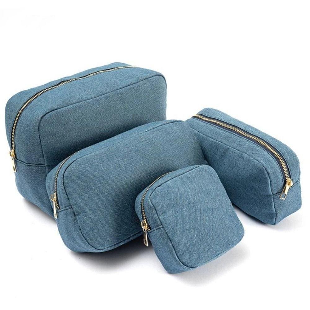 4 Sizes Blue Denim Cosmetic Pouch with Zipper Ladies Makeup Bag Jean Toiletry Case for Women