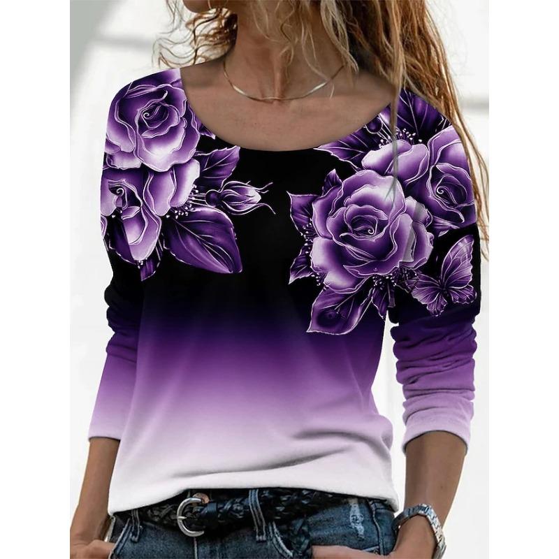 Spring and Autumn Round Neck Rose Pattern 3D Gradient Printed Top Fashionable Casual Long Sleeved Women's T-shirts