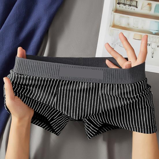 Men Boxer Underwear Mid-rise Striped Print Patchwork Color Thin Shorts Briefs Quick Drying U-convex Panties