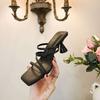 Black one-word sandals 2025 new summer high heels French women's shoes thin heel square head sandals tide