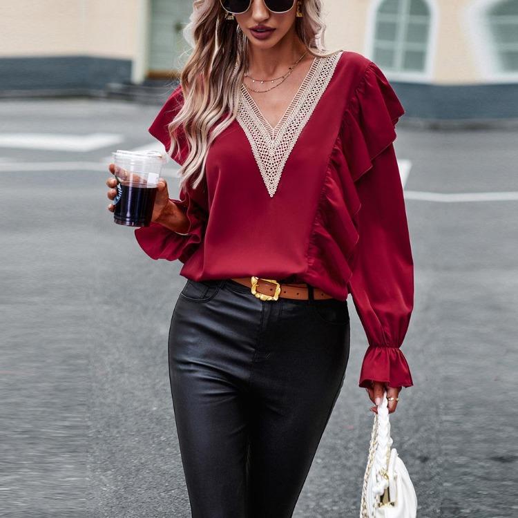 Women's Casual Loose Blouse Autumn Commuter V Neck Ruffles Long Sleeve Lace Shirt Top