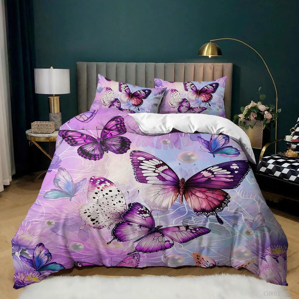 Purple Butterfly Three-Piece Digital Printing Kit 3D Duvet Set Bedding