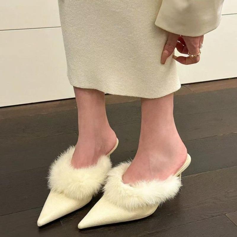 Gentle hairy pointed slippers women's winter bag head high heel half slippers mature piled cotton slippers