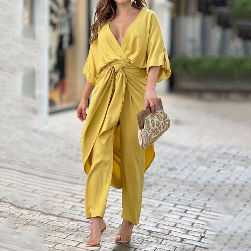 

Two Piece Set Fall New Arrival Fashion Women s Fashion Clothing Tied V-neck Temperament Long Sleeve Fashion Casual Set Yellow XXXL