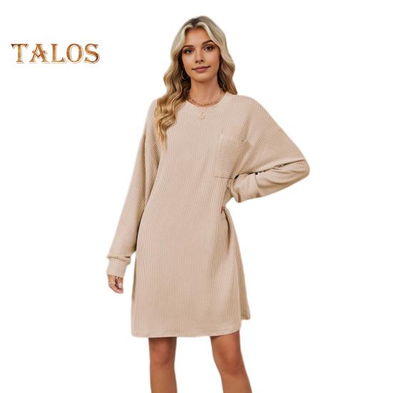 Herbst Frühling Kleid Faden Einfarbig Lose Brust Tasche Lange Ärmel O Hals Pullover Knie Länge Pendeln Dating Midi Kleid