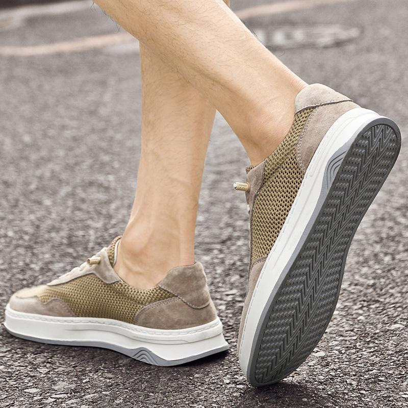 Fashion New Breathable Men Walk Casual Shoes Genuine Leather + Mesh Outdoor Mens Sneakers Shoes Lightweight Flats Soft Sole Travel Shoes