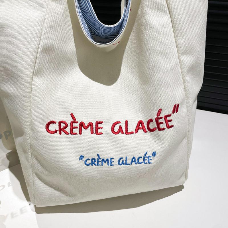 New embroidered letter fashion canvas bag double-sided women's shoulder bag casual large-capacity commuter tote bag