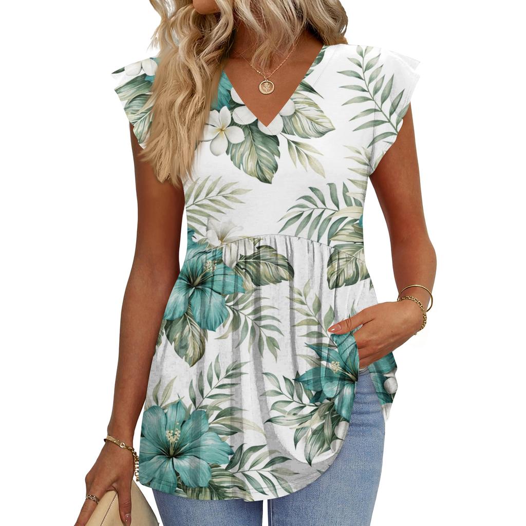 Womens Tops Fashionable V-neck Ruffled Sleeve Short-sleeved T-shirt Business Blouses
