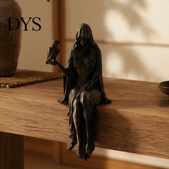 Tabletop Shelf Decoration Gothic Raven Sitter Statue, Hooded Lady Reaper Figurine, 3D Printed Dark Creative Bookshelf Statue Edge Sitter, Witchy Room