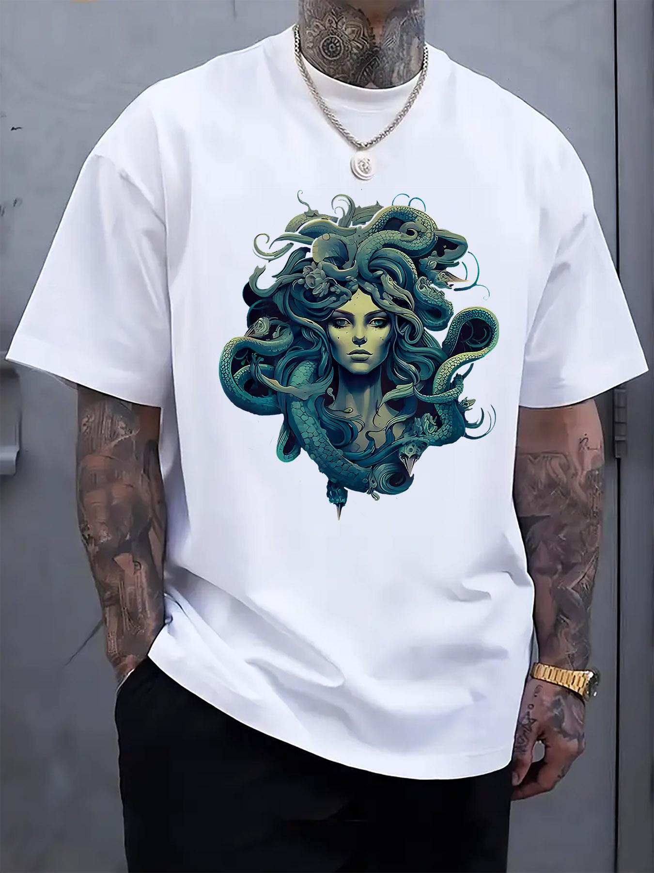 Casual Crew Neck T-shirt with Medusa-Inspired Print - Short Sleeve XXXL