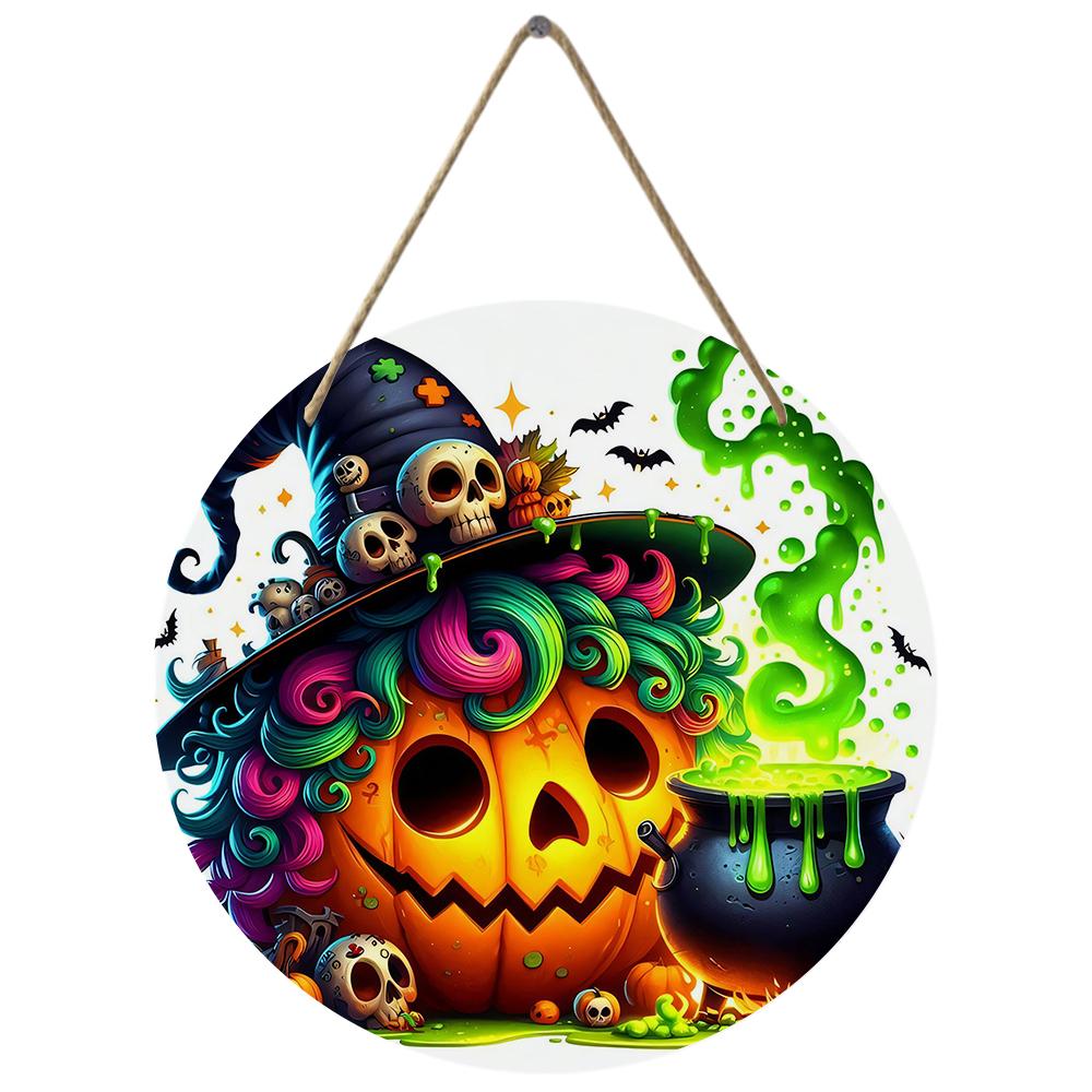 Colorful Spooky Pumpkin Witch Hat Print Round Wooden Hanging Plaque Wall Decor Front Door Sign Home Party Autumn Holiday Ornament Gift